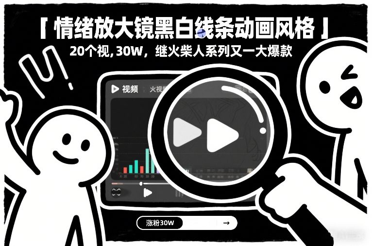情绪放大镜黑白线条动画风格，20个视频，涨粉30W，继火柴人系列又一大爆款-chywc
