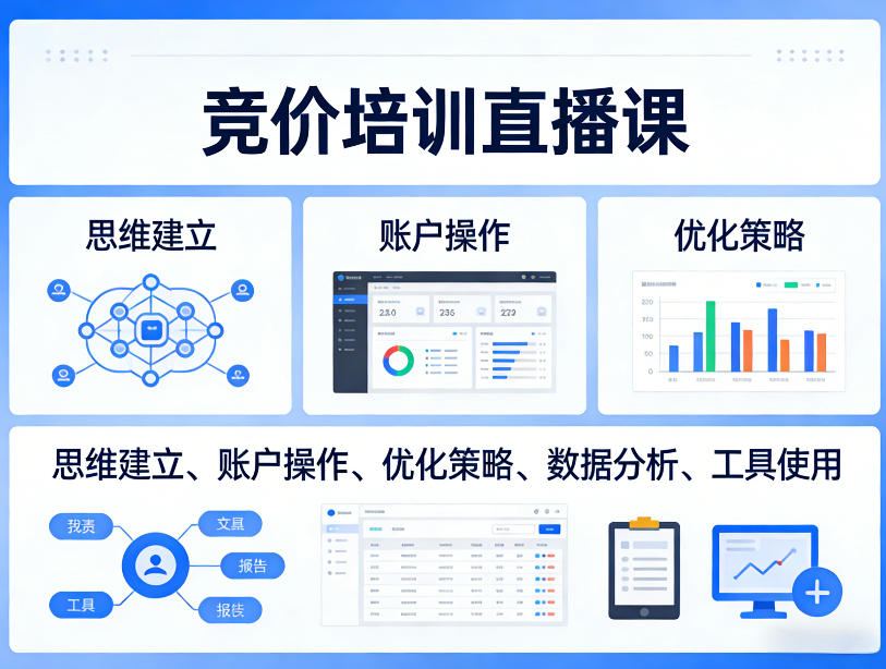 竞价培训直播课，覆盖思维建立、账户操作、优化策略、数据分析、工具使用等，全方位提升效果-chywc
