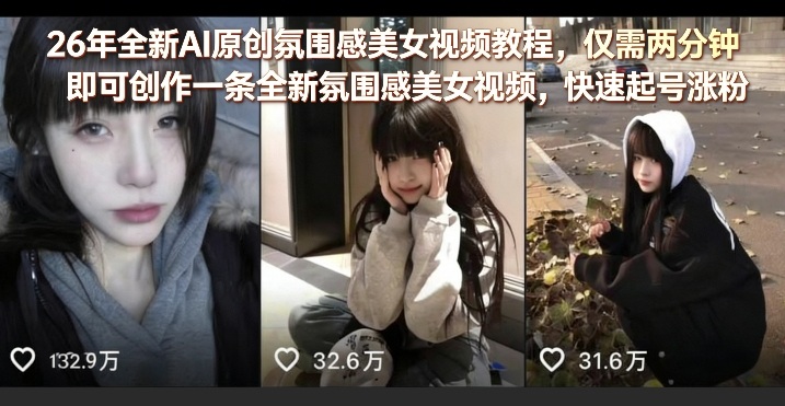 26年全新AI原创氛围感美女视频教程，仅需两分钟即可创作一条全新氛围感美女视频，快速起号涨粉-chywc