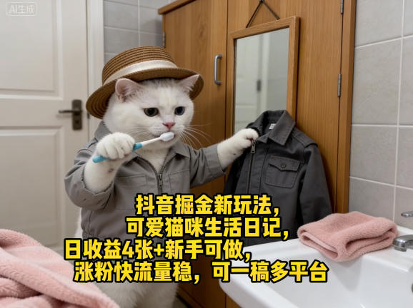 抖音掘金新玩法，可爱猫咪生活日记，日收益4张+新手可做，涨粉快流量稳，可一稿多平台-chywc