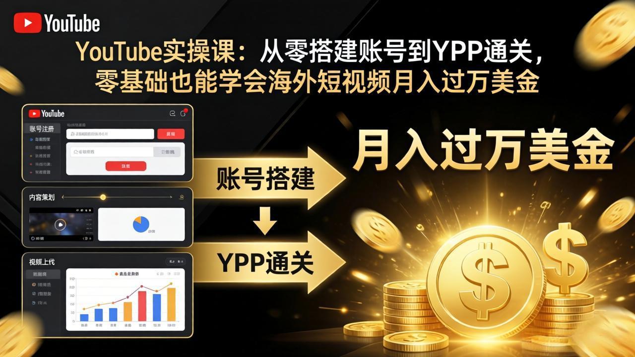 YouTube实操课：从零搭建账号到YPP通关，零基础也能学会海外短视频月入过万美金-chywc