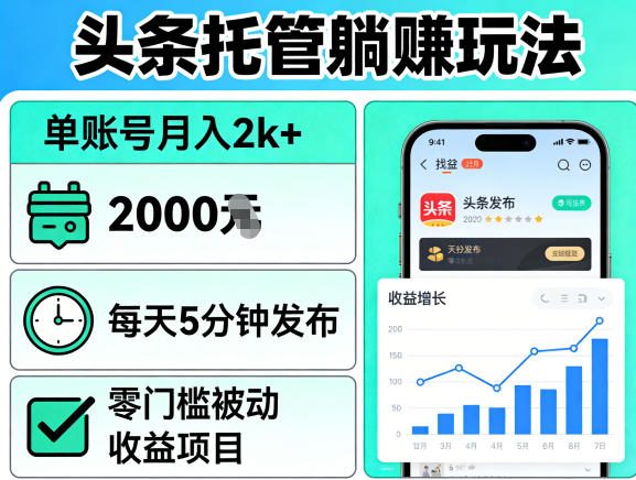 头条托管躺賺玩法，单账号月入2k+，每天5分钟发布即可，零门槛被动收益项目【揭秘】-chywc