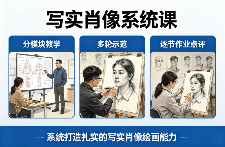 写实肖像系统课，全程分模块教学+多轮示范+逐节作业点评，系统打造扎实的写实肖像绘画能力-chywc