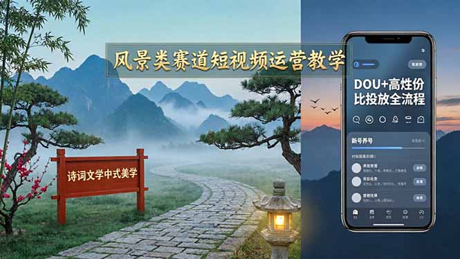 风景类赛道短视频运营教学：诗词文学中式美学，新号养号对标账号定位，DOU+高性价比投放全流程-chywc