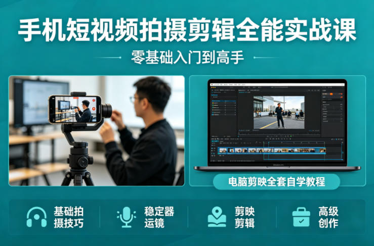 手机短视频拍摄剪辑全能实战课：零基础入门到高手，稳定器运镜+电脑剪映全套自学教程-chywc