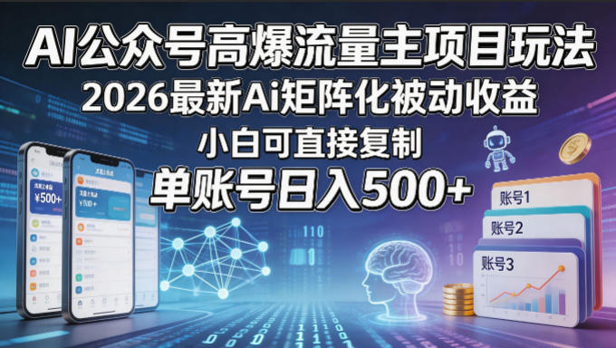 AI公众号高爆流量主项目玩法，2026最新Ai矩阵化被动收益，小白可直接复制，单账号日入500+-chywc