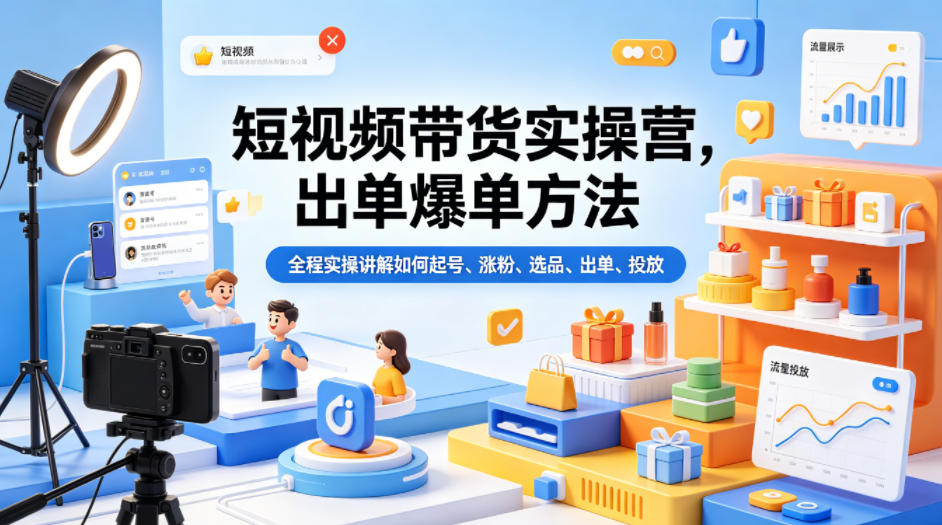 短视频带货实操营，出单爆单方法，全程实操讲解如何起号、涨粉、选品、出单、投放-chywc