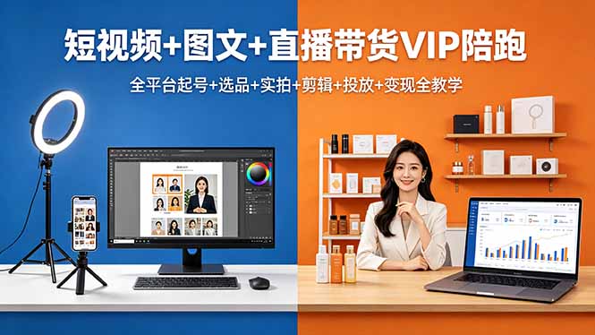 短视频+图文+直播带货VIP陪跑，全平台起号+选品+实拍+剪辑+投放+变现全教学-chywc