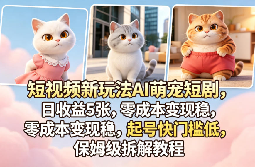 短视频新玩法AI萌宠短剧，日收益5张，零成本变现稳，起号快门槛低，保姆级拆解教程-chywc