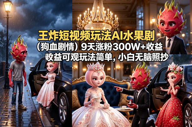 王炸短视频玩法AI水果剧(狗血剧情)9天涨粉300W+收益可观玩法简单，小白无脑照抄，详细拆解玩法-chywc
