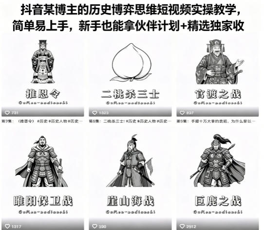 抖音某博主的历史博弈思维短视频实操教学，简单易上手，新手也能拿伙伴计划+精选独家收益-chywc