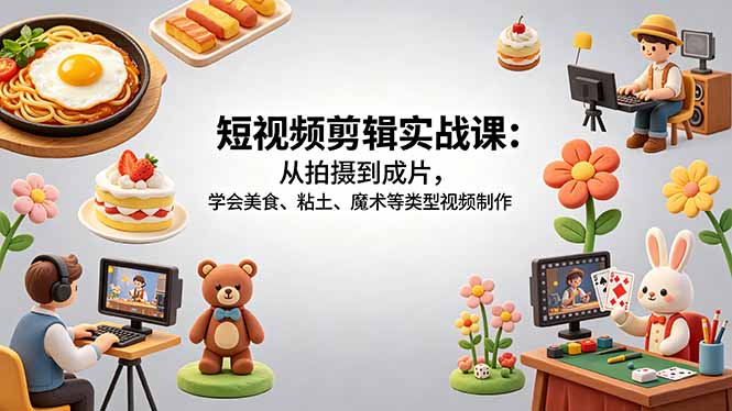 短视频剪辑实战课：从拍摄到成片，学会美食、粘土、魔术等类型视频制作-chywc