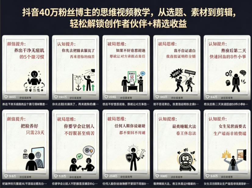 抖音40W粉丝博主的思维视频教学，从选题、素材到剪辑，轻松解锁创作者伙伴+精选收益-chywc