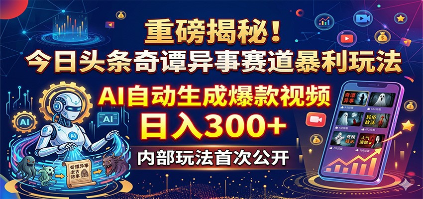重磅揭秘！今日头条奇谭异事赛道暴利玩法：AI自动生成爆款视频，日入300+-chywc
