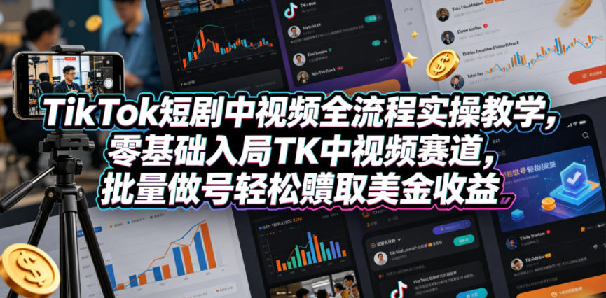 TikTok短剧中视频全流程实操教学，零基础入局TK中视频赛道，批量做号轻松賺取美金收益-chywc