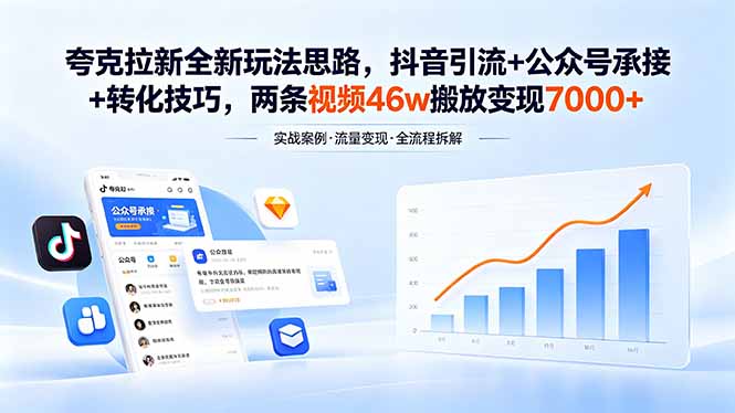 夸克拉新全新玩法思路，抖音引流+公众号承接+转化技巧，两条视频46w搬放 变现7000+-chywc