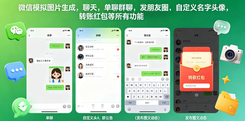 微信模拟图片生成，聊天，单聊群聊，发朋友圈，自定义名字头像，转账红包等所有功能都可以生成-chywc