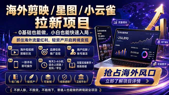 海外剪映 / 星图 / 小云雀拉新项目 普通人也能上手的跨境流量变现副业-chywc