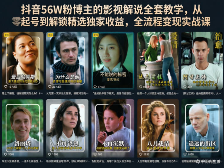 抖音56W粉博主的影视解说全套教学，从零起号到解锁精选独家收益，全流程变现实战课-chywc