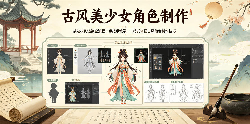 古风美少女角色制作，从建模到渲染全流程，手把手教学，一站式掌握古风角色制作技巧-chywc