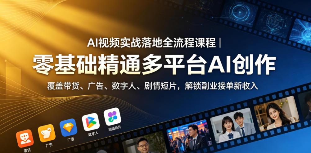 AI视频实战落地全流程课程｜零基础精通多平台AI创作，覆盖带货、广告、数字人、剧情短片，解锁副业接单新收入-chywc