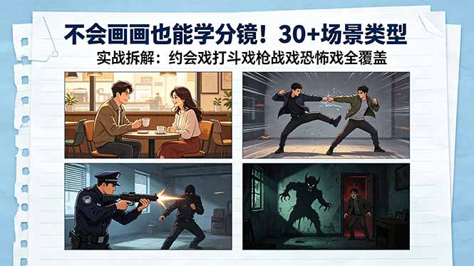 不会画画也能学分镜！30+场景类型实战拆解：约会戏打斗戏枪战戏恐怖戏全覆盖-chywc