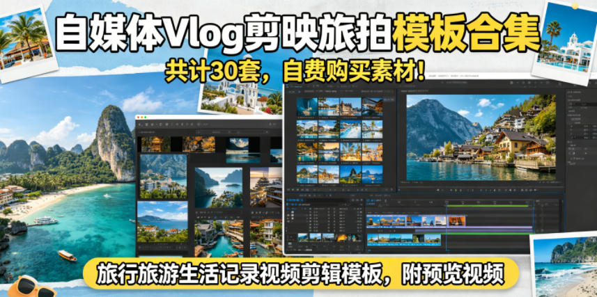 自媒体Vlog剪映旅拍模板合集，共计30套，自费购买素材！旅行旅游生活记录视频剪辑模板，附预览视频-chywc