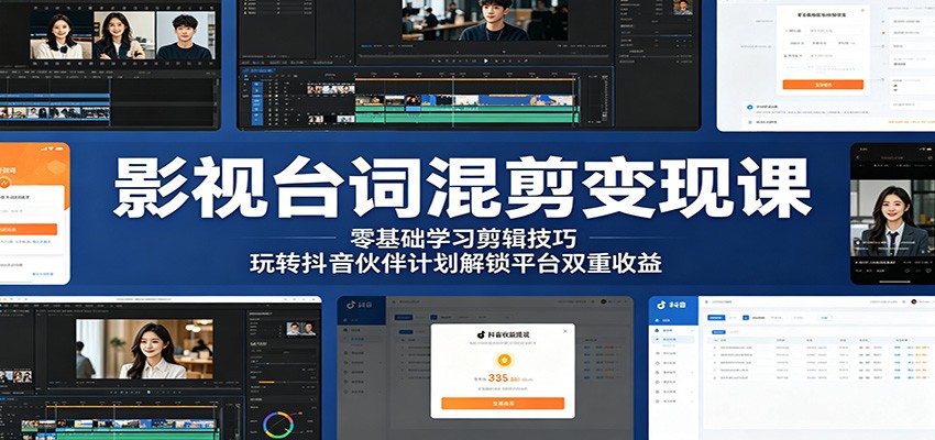 影视台词混剪变现课：零基础学习剪辑技巧，玩转抖音伙伴计划解锁平台双重收益-chywc
