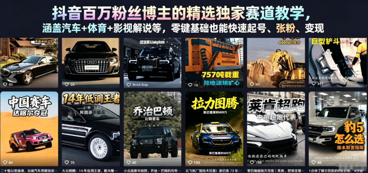 抖音百万粉丝博主的精选独家赛道教学，涵盖汽车+体育+影视解说等，零基础也能快速起号、涨粉、变现-chywc