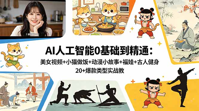 AI人工智能0基础到精通：美女视频+小猫做饭+动漫小故事+福娃+古人健身，20+爆款类型实战教学-chywc