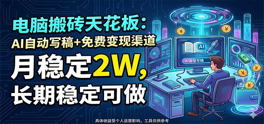 电脑搬砖天花板：AI自动写稿+免费变现渠道，月稳定2W，长期稳定可做-chywc