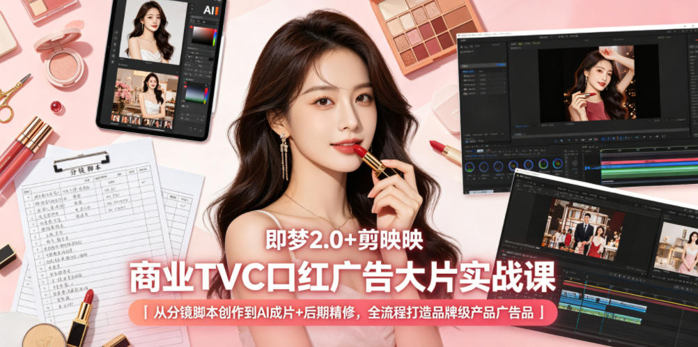 即梦2.0+剪映商业TVC口红广告大片实战课｜从分镜脚本创作到AI成片+后期精修，全流程打造品牌级产品广告-chywc