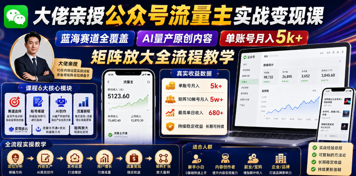 大佬亲授公众号流量主实战变现课，蓝海赛道全覆盖，AI量产原创内容，单账号月入5k+矩阵放大全流程教学-chywc