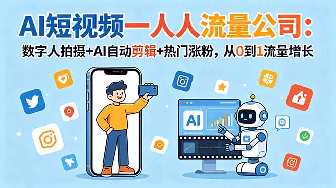 AI短视频一人流量公司：数字人拍摄+AI自动剪辑+热门涨粉，从0到1流量增长-chywc