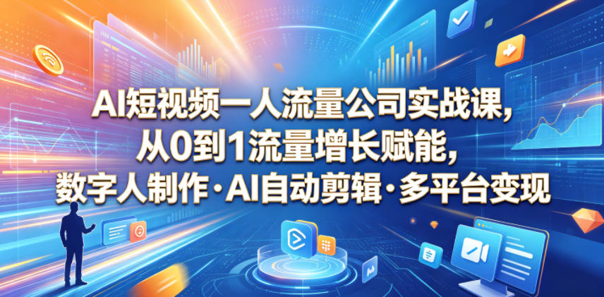 AI短视频一人流量公司实战课，从0到1流量增长赋能，数字人制作・AI自动剪辑・多平台变现，一人做流量生意全落地教程-chywc