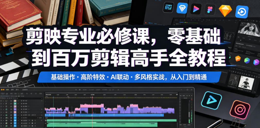 剪映专业必修课，零基础到百万剪辑高手全教程，基础操作・高阶特效・AI联动・多风格实战，从入门到精通-chywc