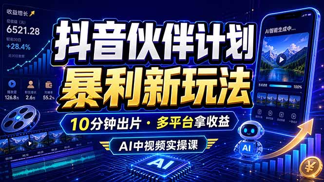 抖音伙伴计划最新玩法，无需配音剪辑，10分钟出一条原创视频，轻松日入三位数-chywc