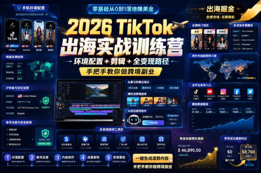 2026 TikTok出海实战训练营，环境配置 + 剪辑 + 全变现路径，手把手教你做跨境副业-chywc