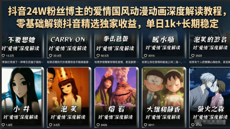 抖音24W粉丝博主的爱情国风动漫动画深度解读教程，零基础解锁抖音精选独家收益，单日1k+长期稳定-chywc