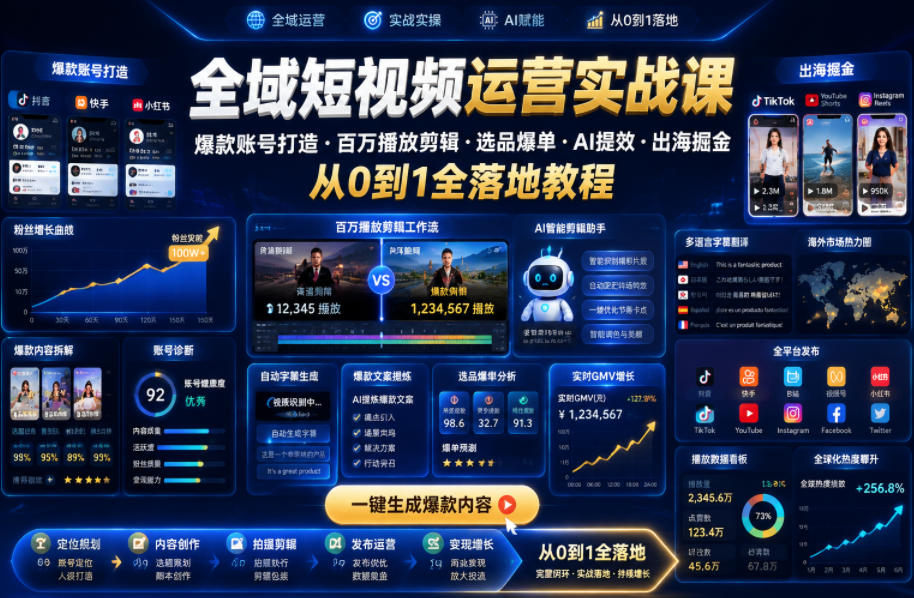 全域短视频运营实战课，爆款账号打造・百万播放剪辑・选品爆单・AI提效・出海掘金，从0到1全落地教程-chywc