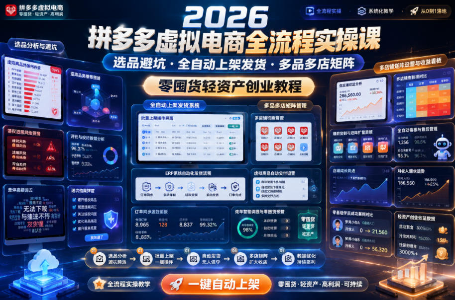 2026拼多多虚拟电商全流程实操课，选品避坑・全自动上架发货・多品多店矩阵，零囤货轻资产创业教程-chywc