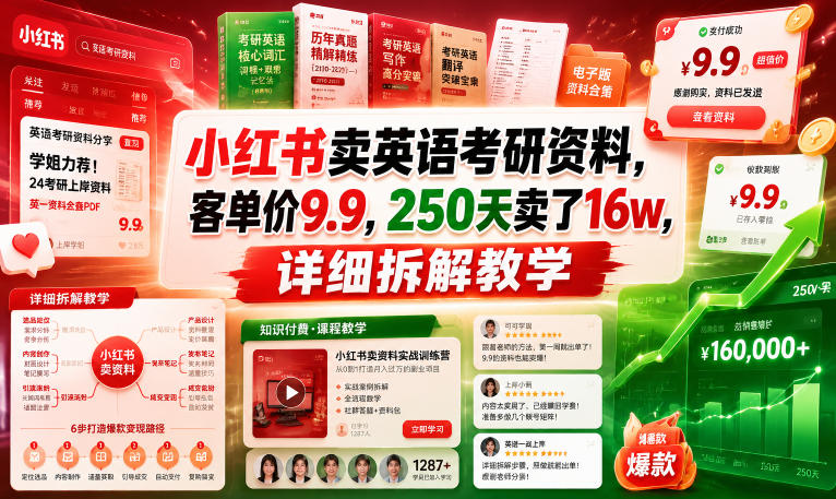 小红书卖英语考研资料，客单价9.9，250天卖了16w，详细拆解教学-chywc
