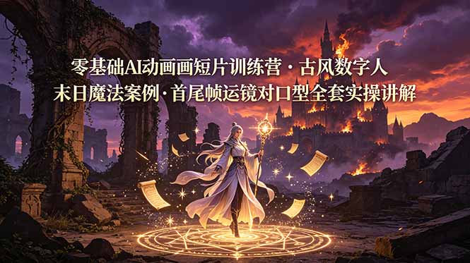 零基础AI动画短片训练营，古风数字人末日魔法案例，首尾帧运镜对口型全套实操讲解-chywc