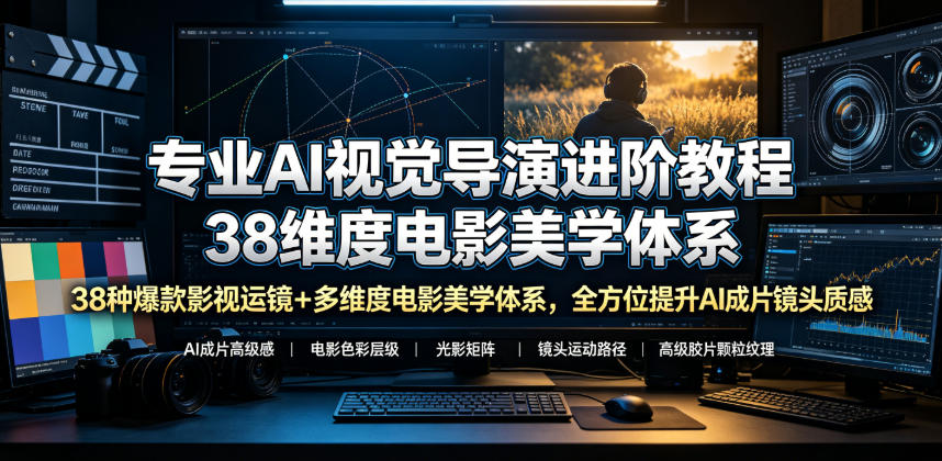 专业AI视觉导演进阶教程，38种爆款影视运镜+多维度电影美学体系，全方位提升AI成片高级感与镜头质感-chywc