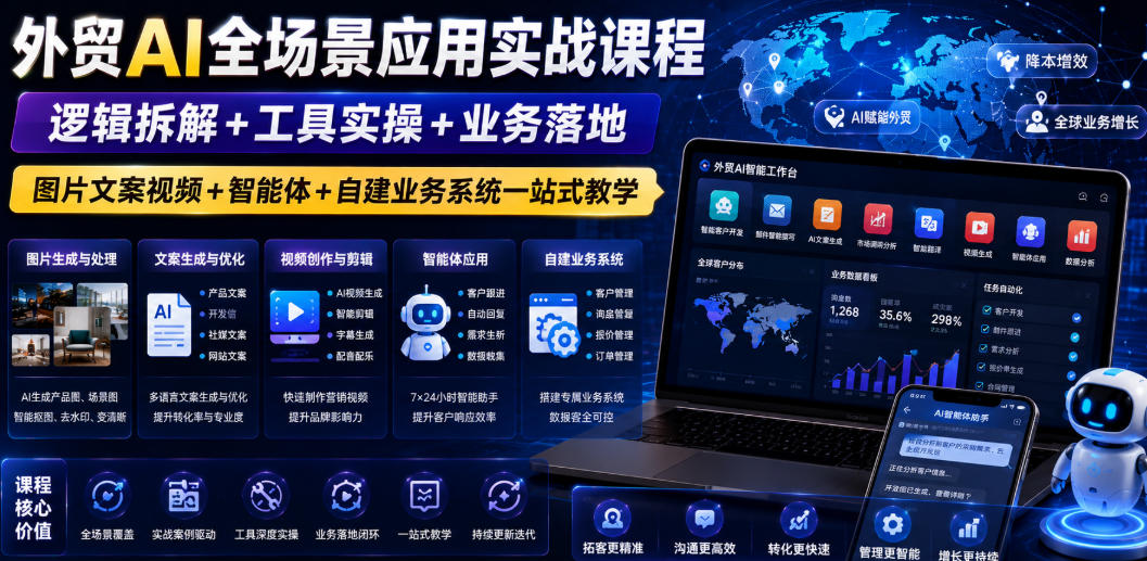 外贸AI全场景应用实战课程｜逻辑拆解+工具实操+业务落地，图片文案视频+智能体+自建业务系统一站式教学-chywc