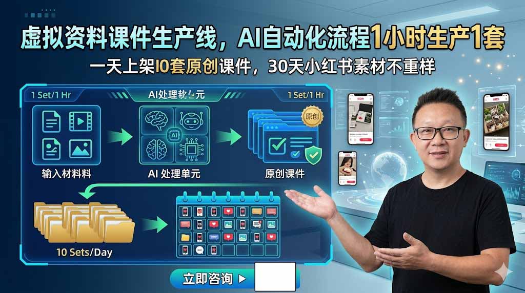 虚拟资料课件生产线，AI自动化流程1小时生产1套，一天上架10套原创课件，30天小红书素材不重样-chywc