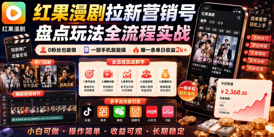 红果漫剧拉新营销号盘点玩法全流程实战，0粉丝也能做，一部手机就能做，爆一条单日收益2k+(更新0628)-chywc