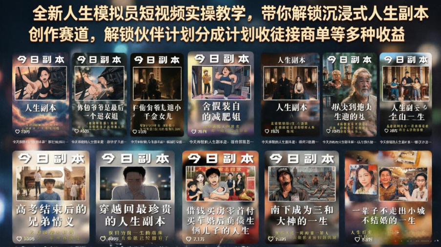 全新人生模拟员短视频实操教学，带你解锁沉浸式人生副本创作赛道，解锁伙伴计划分成计划收徒接商单等多种收益-chywc