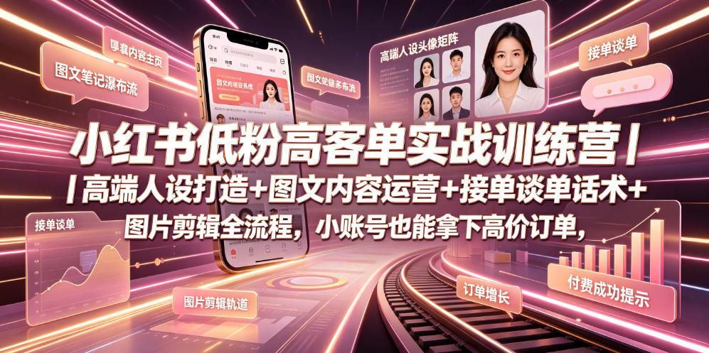 小红书低粉高客单实战训练营｜高端人设打造+图文内容运营+接单谈单话术+图片剪辑全流程，小账号也能拿下高价订单-chywc