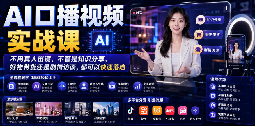 AI口播视频实战课，不用真人出镜，不管是知识分享、好物带货还是剧情访谈，都可以快速落地-chywc